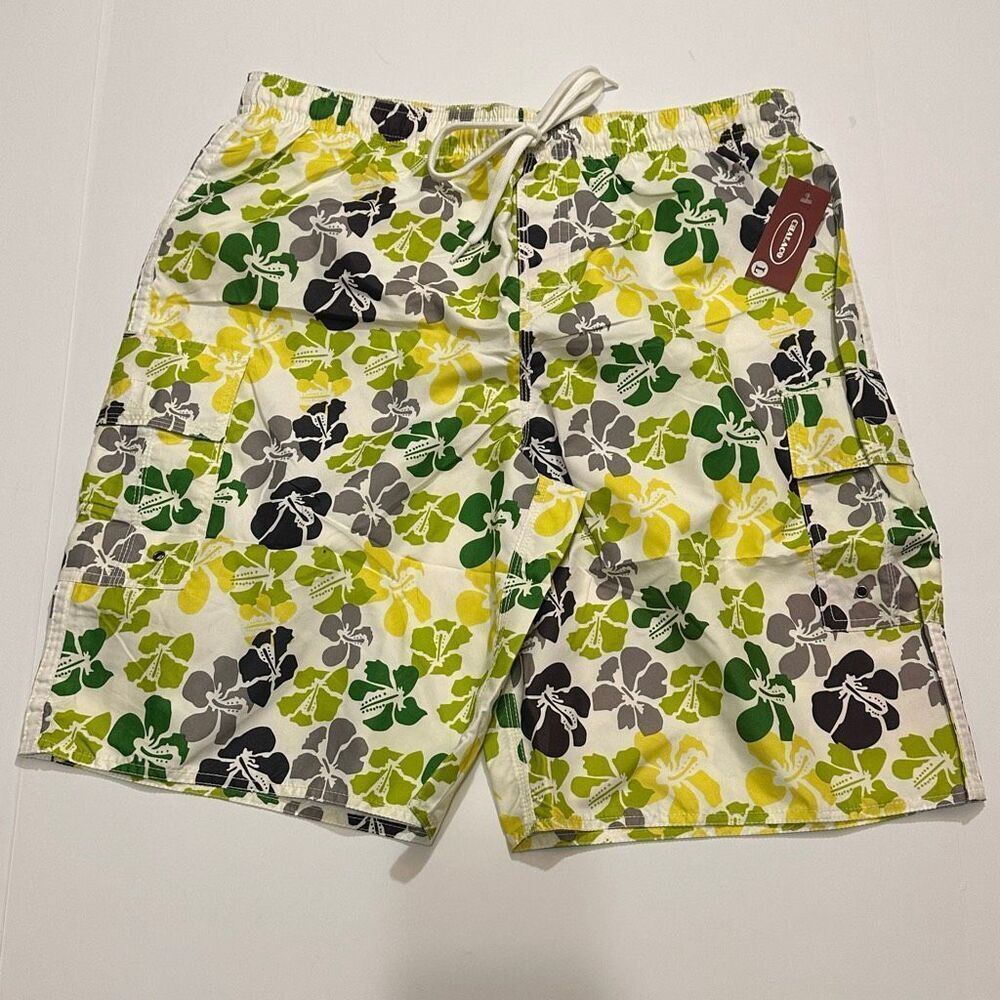 Chalaco Hibiscus Floral Swim Trunks Green Yellow and White | Men Size Large